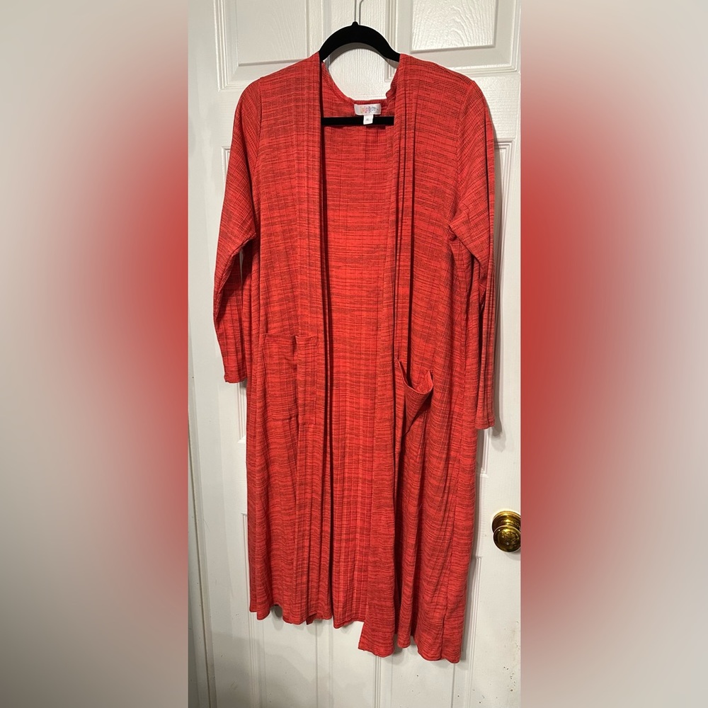 Lula Roe XL Orang Textured Long Light Ope Front Jacket Versatile Pockets Poly+